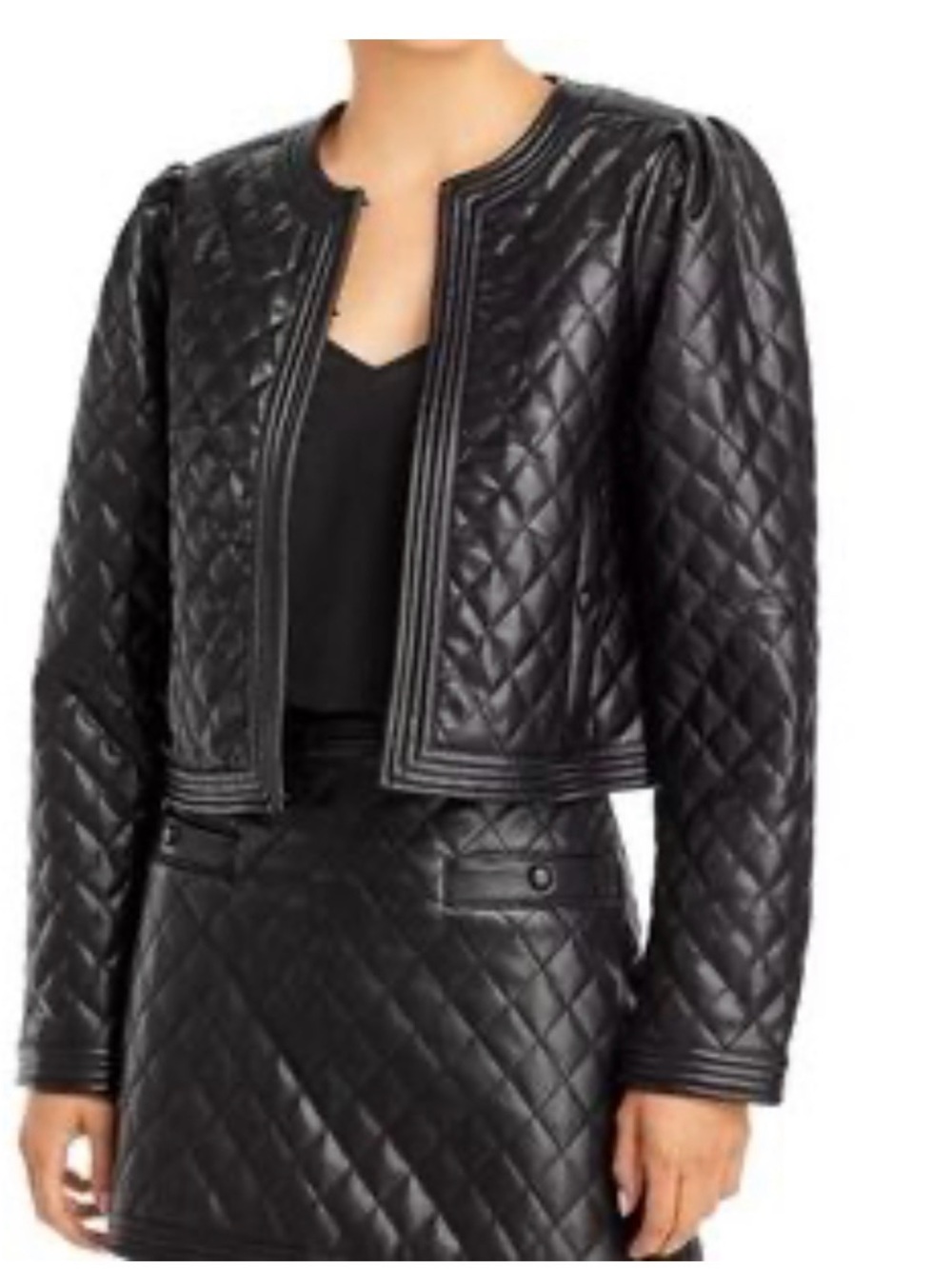 Aqua x Scout the City Women's Quilted Black Faux Leather Crop Jacket and skirt